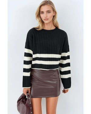 Striped Ribbed Knit Sweater with Crew Neck