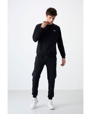 Mäns bomulls-polyester fleece sweatshirt och byxset