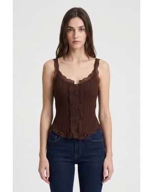 Aangesloten mouwloze kanten geribde blouse met knopen