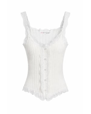 Aansluitende mouwloze kanten ribblouse met knopen