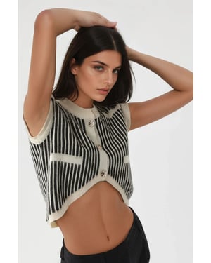 Gestreepte Geribbelde Brei Crop Top met Knopen Sluiting
