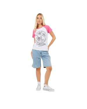 Brave Soul Dames-T-shirt met opdruk en contrasterende mouwen (Wit/Koraal)