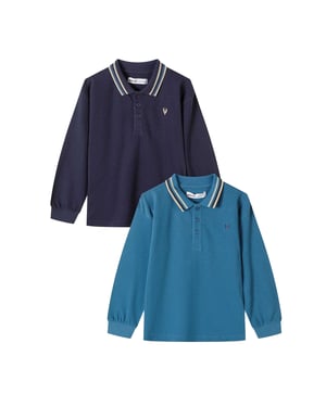 Minoti Jongens Poloshirt met Contrasterende Kraag en Lange Mouwen (Set van 2) (Donkerblauw)