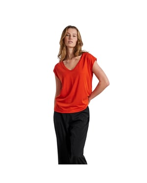 Pieces Pckamala gebreid T-shirt met V-hals voor dames (Mandarijn Tango)