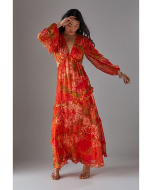 Petite Chiffon Cut Out Waist Ruffe Maxi Dress