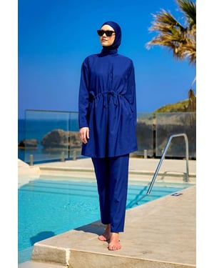 Andalus Burkini-set met volledige dekking en kleurrijke ruches aan de voorkant