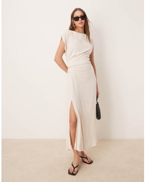 ASOS DESIGN linen open back draped waist midi dress in oat