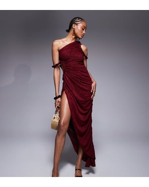 ASOS DESIGN Tall ruched asymmetric textured midi dress with twisted strapping details in dark cherry