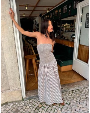 Labelrail x Barbara Ines shirred stripe midi dress in brown