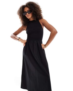 ASOS DESIGN racer crinkle bodice poplin skirt midi dress in black