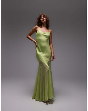 Topshop premium mixed fabric godet hem midi dress in lime