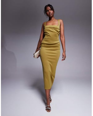 ASOS DESIGN curved neckline midi dress with split in bronze in scuba-style fabric