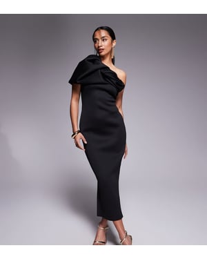 ASOS DESIGN Petite structured puff sleeve bandeau midi dress in black in scuba-style fabric