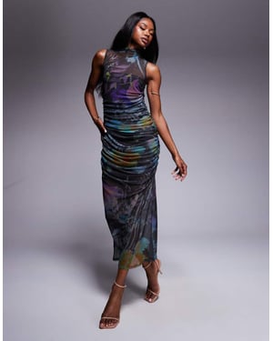 ASOS DESIGN mesh grown on neck ruched drape midi dress in abstract print
