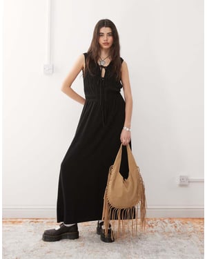 Reclaimed Vintage linen blend maxi sundress with ruching and ties in black