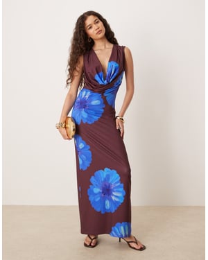 ASOS DESIGN cowl neck floral printed maxi dress in brown