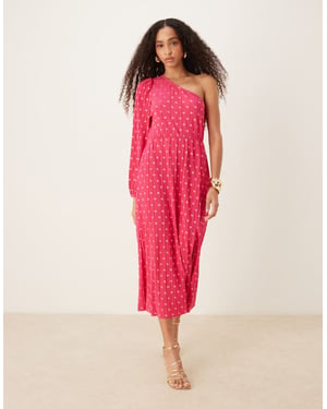 YAS foil spot plisse one shoulder maxi dress in pink