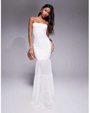Kaiia exclusive double layered slinky mesh hem maxi dress in cream