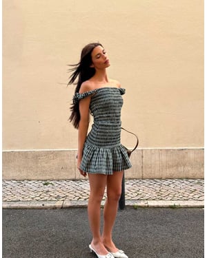 Labelrail x Barbara Ines gingham check textured mini dress in aqua blue