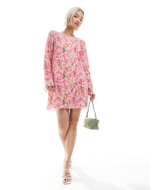 Pieces plisse long sleeve mini dress in pink floral print