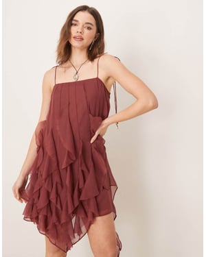 ASOS DESIGN tie strap ruffle mini dress in chocolate brown