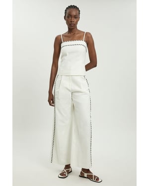 Tailored Linen Blend Contrast Stitch Straight Leg Trouser