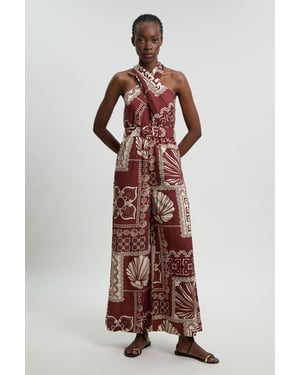 Linen viscose tile print belted woven jumpsuit