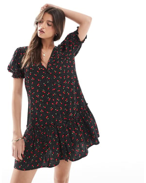 Miss Selfridge printed spun smock dress in Black Cherry Print