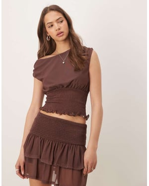 ASOS DESIGN co ord asymmetric neck shirred waist top in chocolate