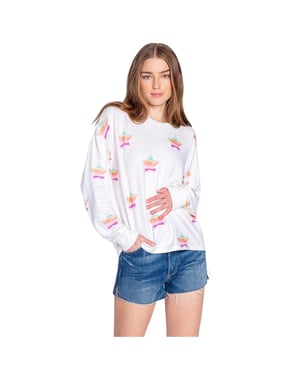 PJ Salvage Dames-trui van French Terry met sterrenprint en relaxte pasvorm (Gebroken wit)