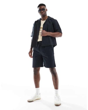 ONLY & SONS loose fit linen short co-ord in black pinstripe