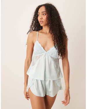 Abercrombie & Fitch nightwear satin lace trim flippy short in blue co-ord