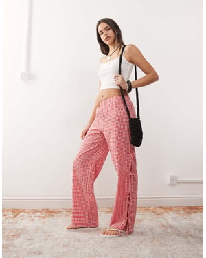 Noisy May wide leg side tie detail trousers in red gingham