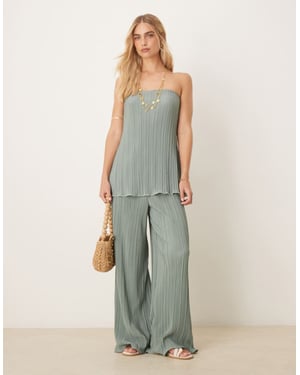 YAS plisse wide leg trouser co-ord with rolled hem detail in soft green