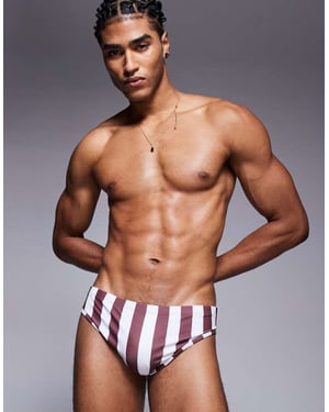 ASOS DESIGN swim brief in burgundy and white stripe