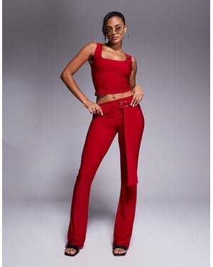Kaiia exclusive double layered slinky gold hardware belt detail trouser co-ord in red