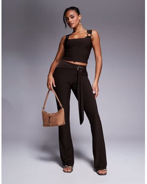 Kaiia exclusive double layered slinky gold hardware belt detail trouser co-ord in chocolate