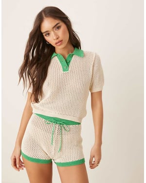 ASOS DESIGN knitted open stitch contrast trim polo top in cream