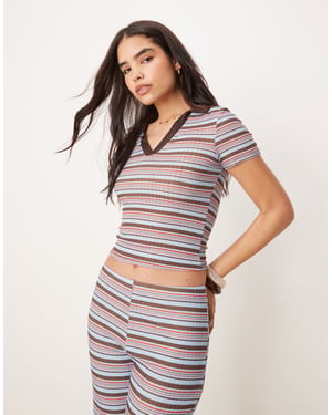 ASOS DESIGN shrunken rugby collar polo top co-ord in blue and brown stripe