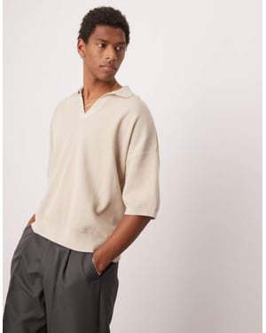 ASOS DESIGN oversized knitted notch neck polo in ecru