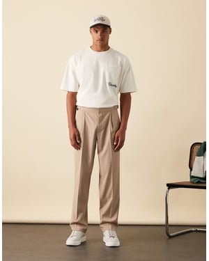 ASOS DESIGN smart straight leg trousers with side adjusters in stone linen look with front pleat