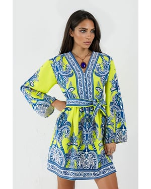 V-hals Paisley A-lijn Mini Jurk met Knopen