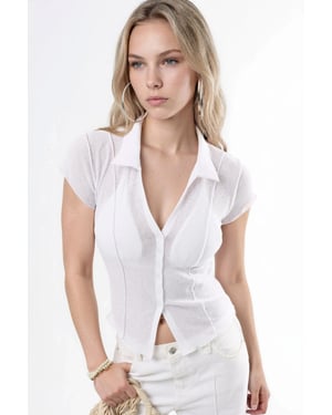 Gestructureerde Gebreide Korte Mouw Shirt met Knopen