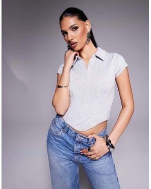 ASOS DESIGN kragblus med kort ärm och korsettdetalj i gråmelerad färg