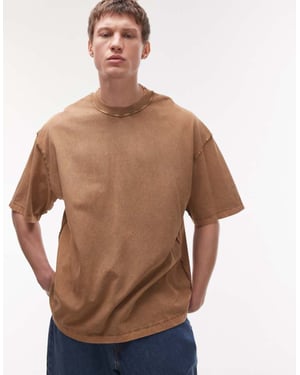 Topman extreme oversized tvättad rå söm detaljer t-shirt i brunt