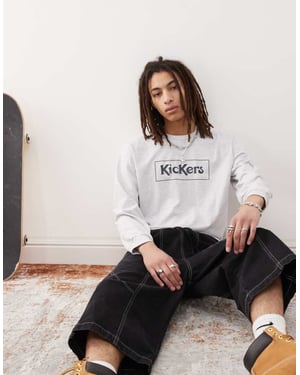 Kickers långärmad t-shirt med marinblå grafisk design i ljusgrå melerad färg
