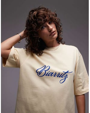 Topshop jersey Biarritz grafisk oversized t-shirt i smörkrämsgul
