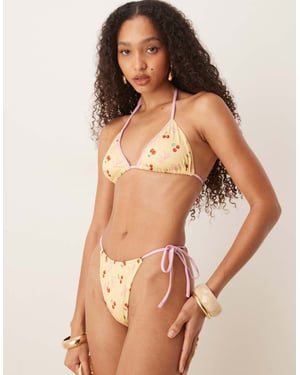 ASOS DESIGN Brielle fluga och körsbärstrykt snörning bikiniunderdel i gult