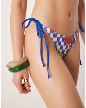 ASOS DESIGN Lucy chilifärgad tryck knyt-sida bikiniunderdel i blårutigt
