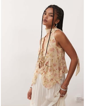 Reclaimed Vintage chiffon floral print ruffle tie front blouse with matching scarf in butter yellow